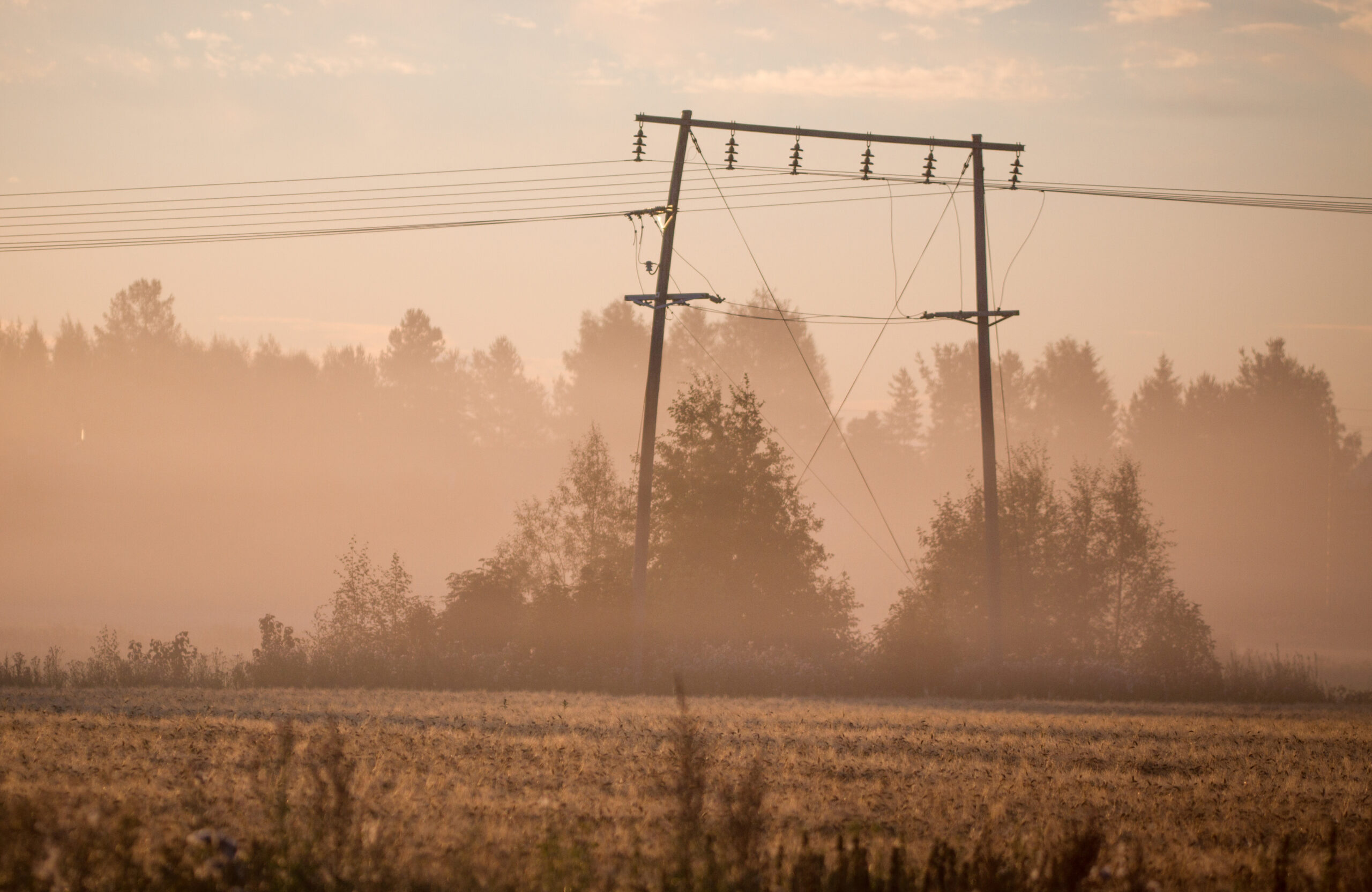 Maisemassa voimalinja, jossa portaalipylväs. Etualalla on peltoa, pylvään takana metsää.