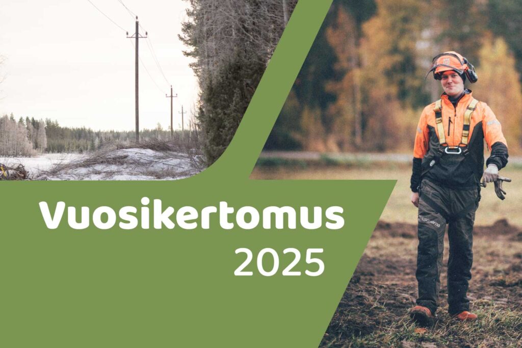 Vuosikertomus 2025. Kuva jossa sähkölinja. Toinen kuva jossa Jylhän työntekijä.